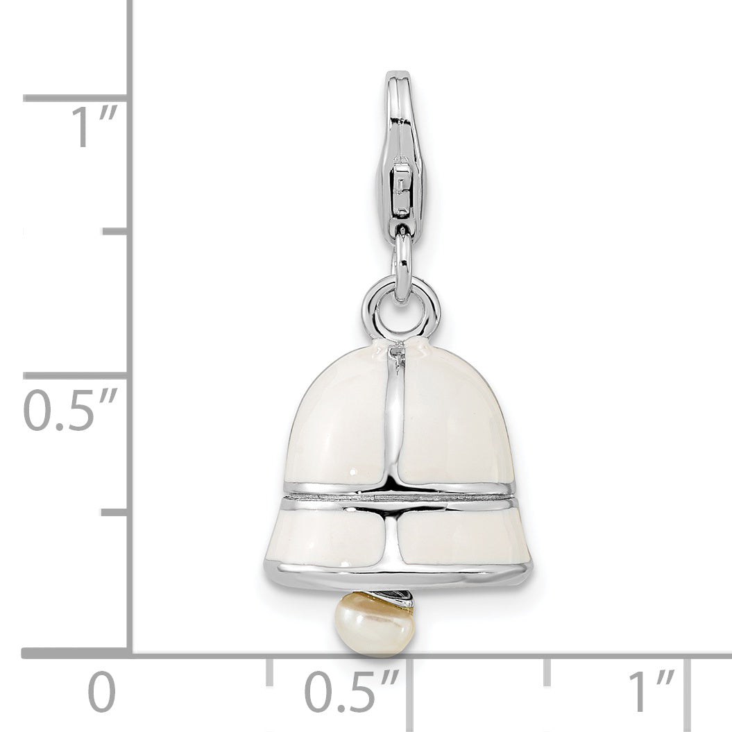 Sterling Silver Amore La Vita Rhodium-Plated Polished 3-D Moveable Freshwater Cultured Pearl White Enameled Bell Charm With Fancy Lobster Clasp