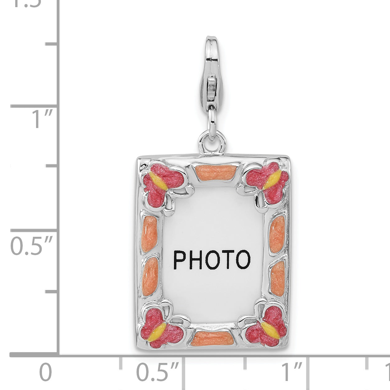 Sterling Silver Rhodium-Plated 3-D Enameled Butterfly Photo Frame W/Lobster Clasp Charm