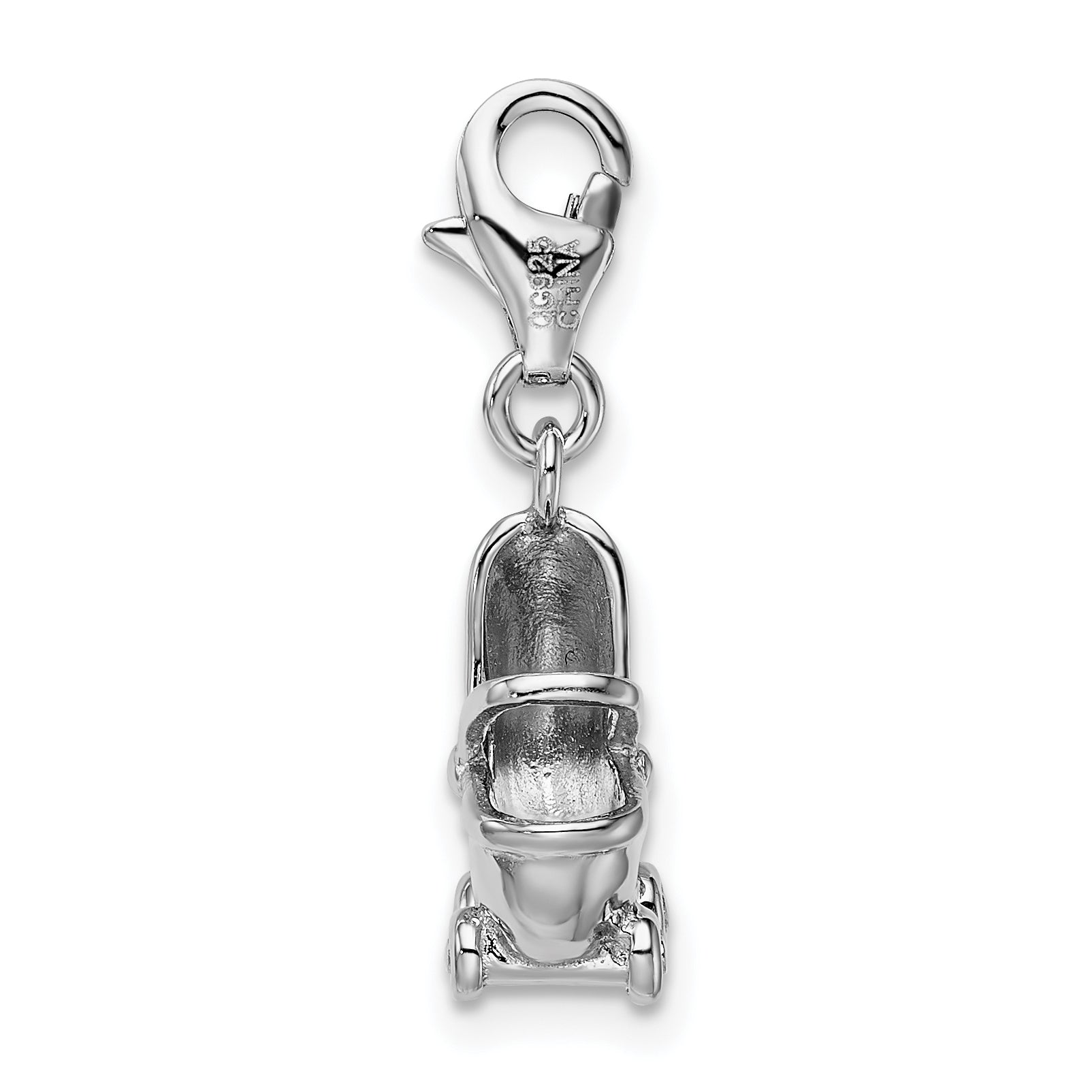 Sterling Silver Amore La Vita Rhodium-Plated Polished 3-D Baby Carriage Charm With Fancy Lobster Clasp