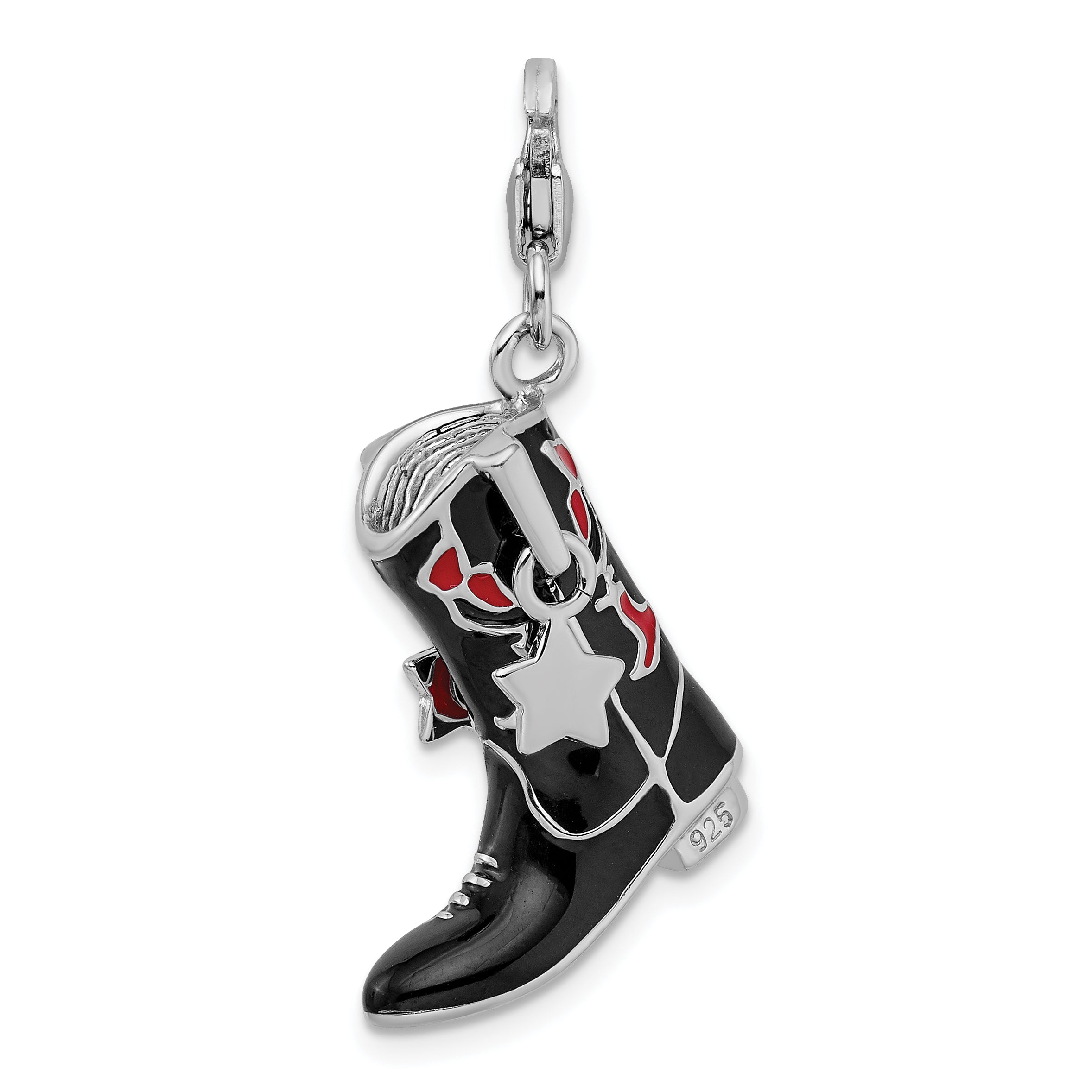 Sterling Silver Amore La Vita Rhodium-Plated Polished 3-D Black Red Enameled Cowboy Boot Charm With Fancy Lobster Clasp