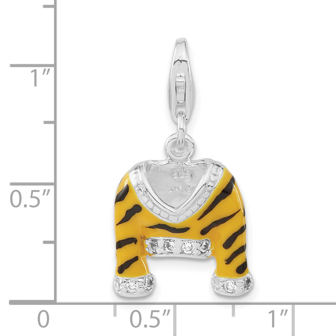 Sterling Silver Polished Cz & Enamel Tiger Jacket W/Lobster Clasp Charm