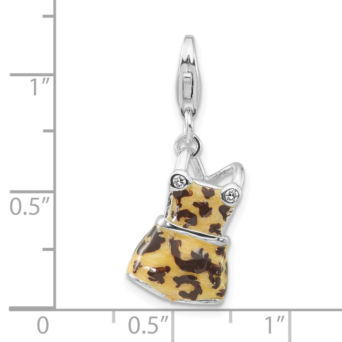 Sterling Silver Polished 3-D Cz Black & Tan Enameled Overalls W/Lobster Clasp Charm