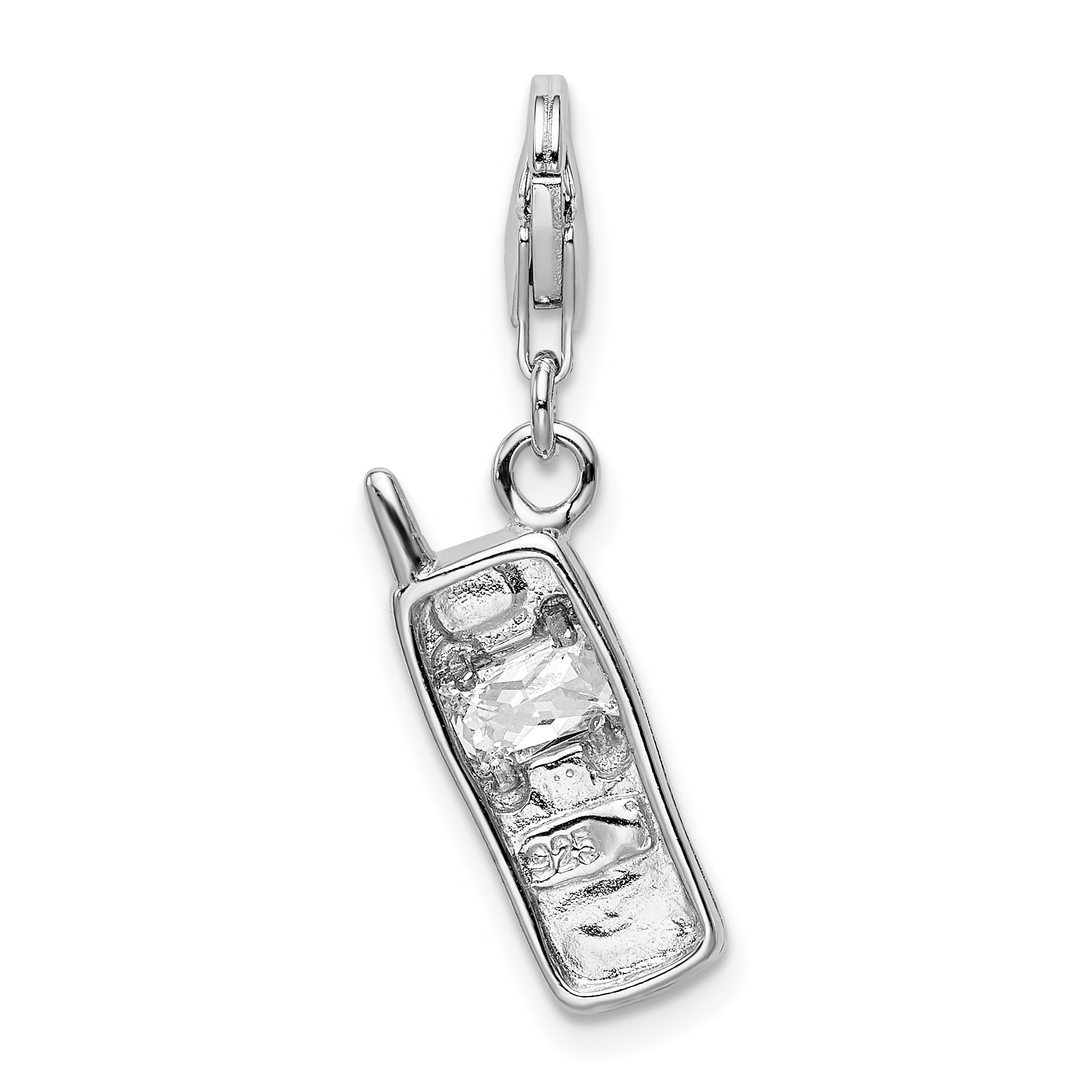Sterling Silver Amore La Vita Rhodium-Plated Polished Cz Cell Phone Charm With Fancy Lobster Clasp