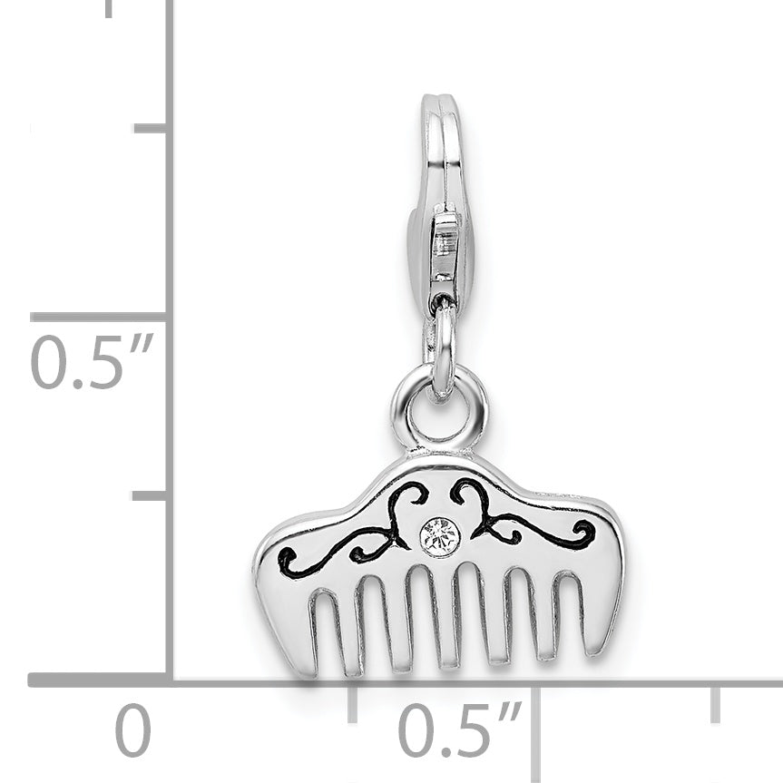 Sterling Silver Amore La Vita Rhodium-Plated Polished 3-D Crystal From Swarovski And Enameled Comb Charm With Fancy Lobster Clasp