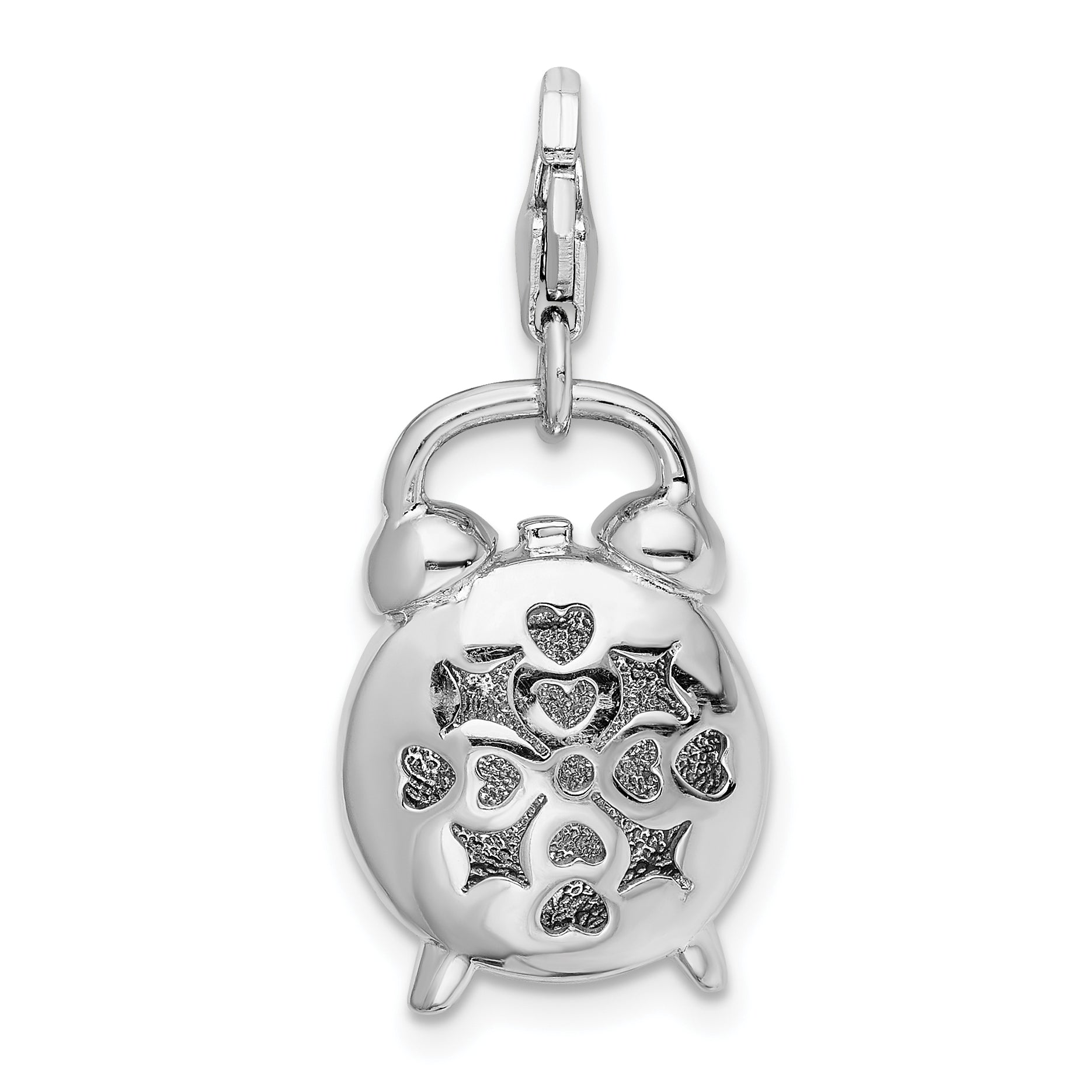 Sterling Silver Amore La Vita Rhodium-Plated Polished 3-D Alarm Clock Charm With Fancy Lobster Clasp