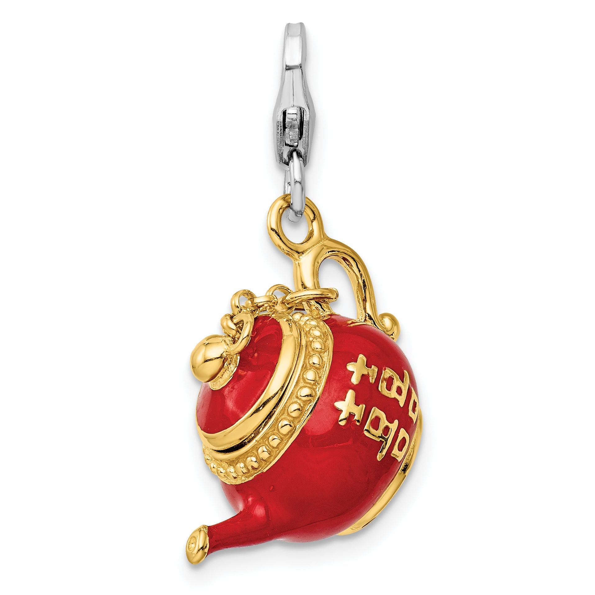 Sterling Silver Amore La Vita Rhodium-Plated And Gold-Plated Polished 3-D Moveable Red Enameled Oriental Tea Pot Charm With Fancy Lobster Clasp