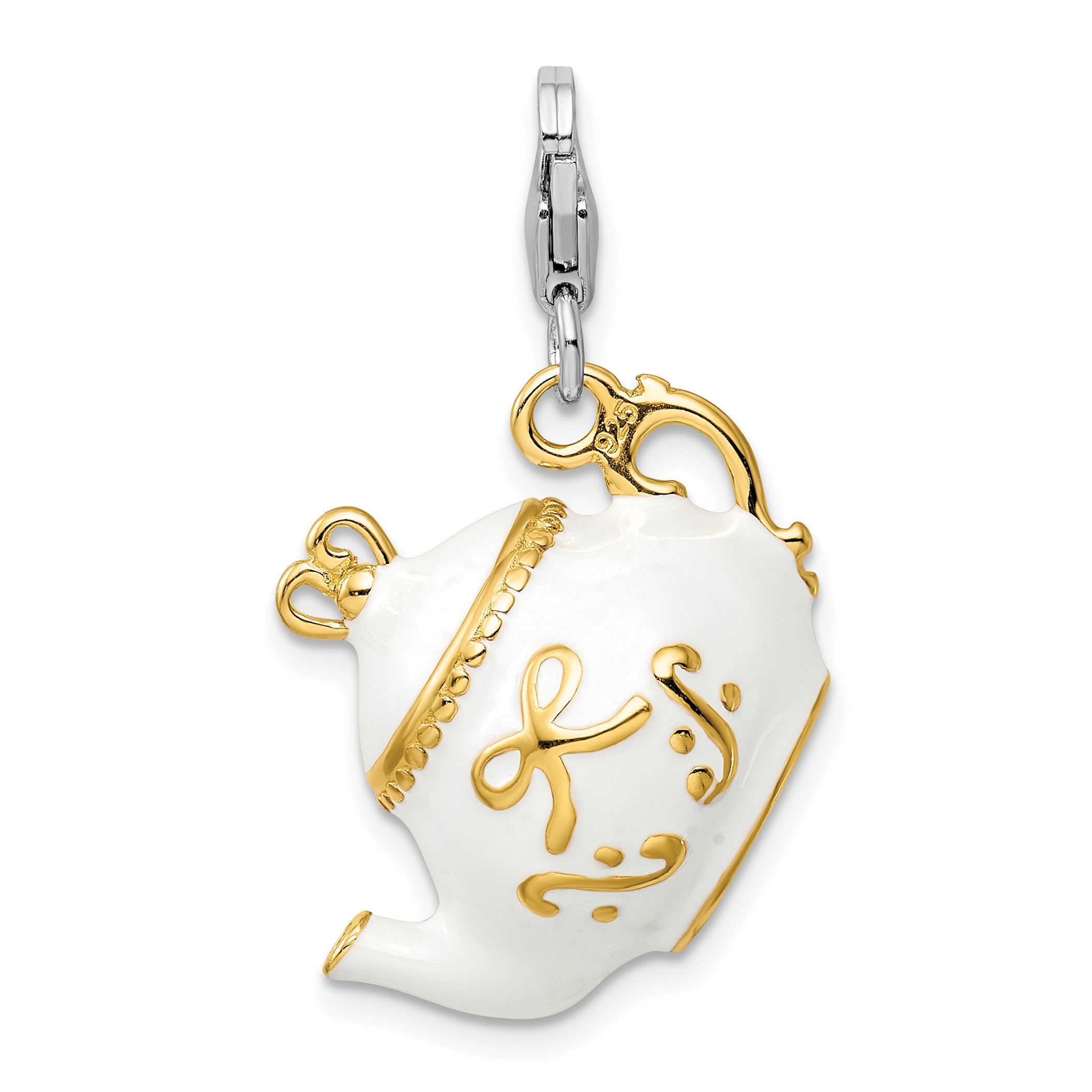Sterling Silver Amore La Vita Rhodium-Plated And Gold-Plated Polished 3-D White Enameled Tea Pot Charm With Fancy Lobster Clasp