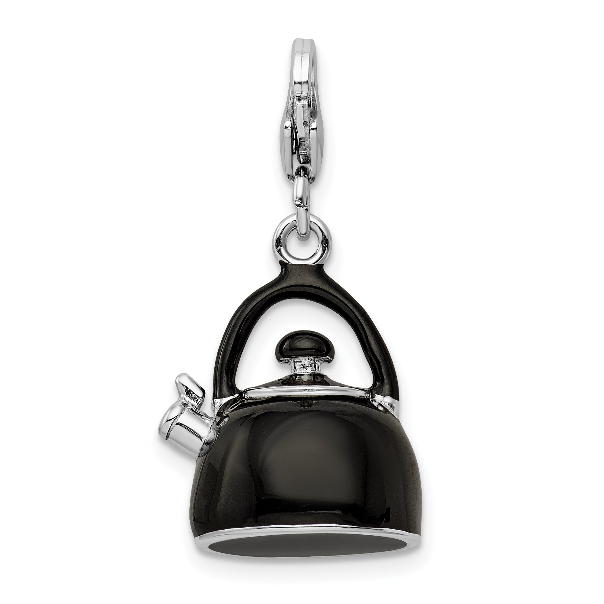 Sterling Silver Amore La Vita Rhodium-Plated Polished 3-D Enameled Black Tea Kettle Charm With Fancy Lobster Clasp
