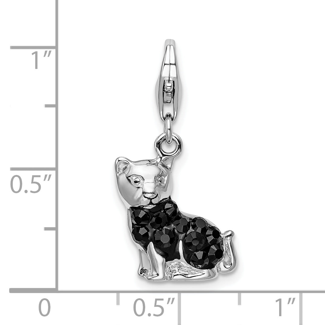 Sterling Silver Amore La Vita Rhodium-Plated Polished Enameled Swarovski Crystal Black Cat Charm With Fancy Lobster Clasp