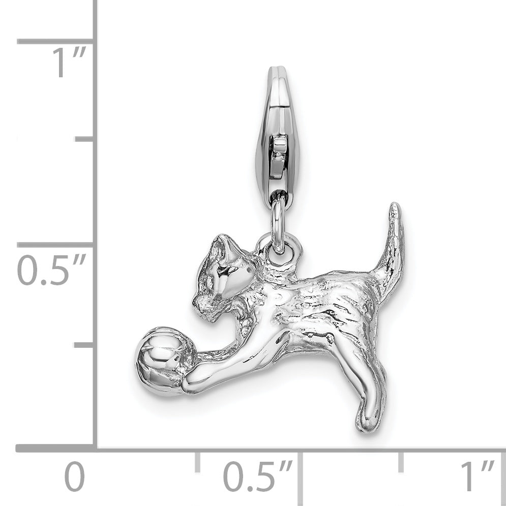 Sterling Silver Amore La Vita Rhodium-Plated Polished 3-D Kitten And Ball Charm With Fancy Lobster Clasp