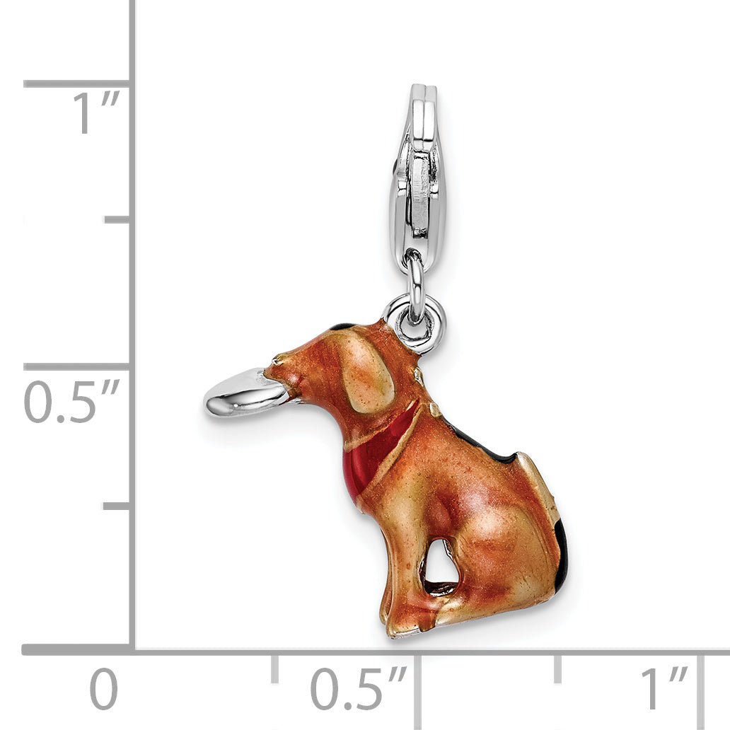 Sterling Silver Amore La Vita Rhodium-Plated Polished 3-D Enameled Light Brown Dog And Frisbee Charm With Fancy Lobster Clasp