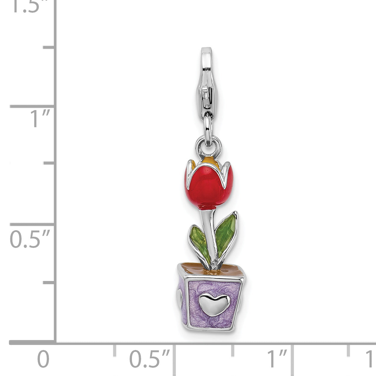 Sterling Silver Amore La Vita Rhodium-Plated Polished 3-D Red Enameled Potted Tulip Flower Charm With Fancy Lobster Clasp