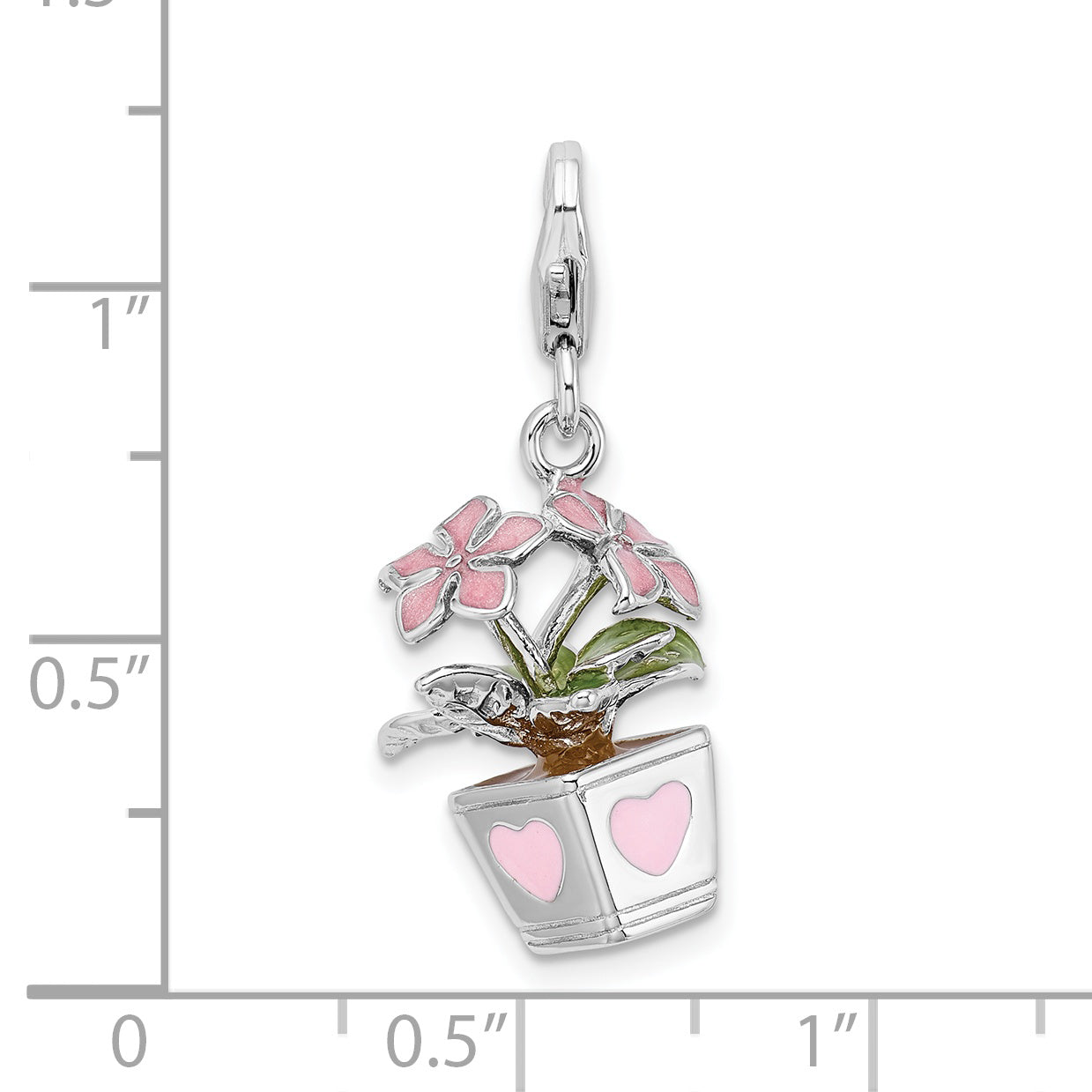 Sterling Silver Amore La Vita Rhodium-Plated Polished 3-D Enameled Potted Flowers Charm With Fancy Lobster Clasp