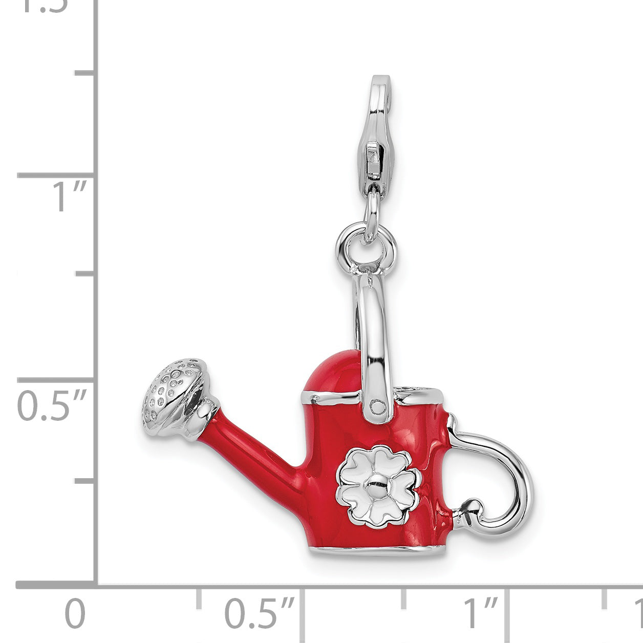 Sterling Silver Amore La Vita Rhodium-Plated Polished 3-D Enameled Red Watering Can Charm With Fancy Lobster Clasp