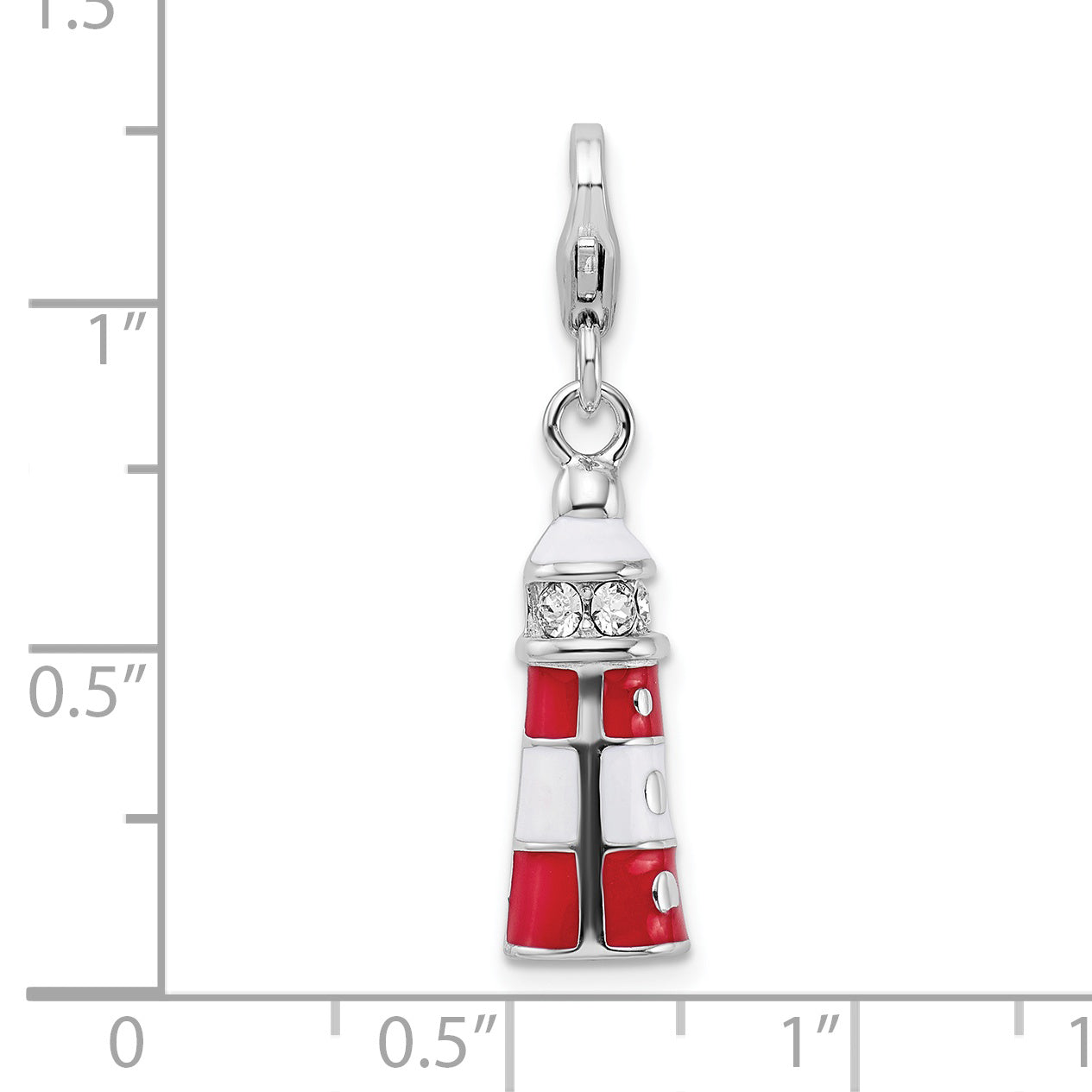 Sterling Silver Amore La Vita Rhodium-Plated Polished 3-D Red Enameled Swarovski Crystal Lighthouse Charm With Fancy Lobster Clasp