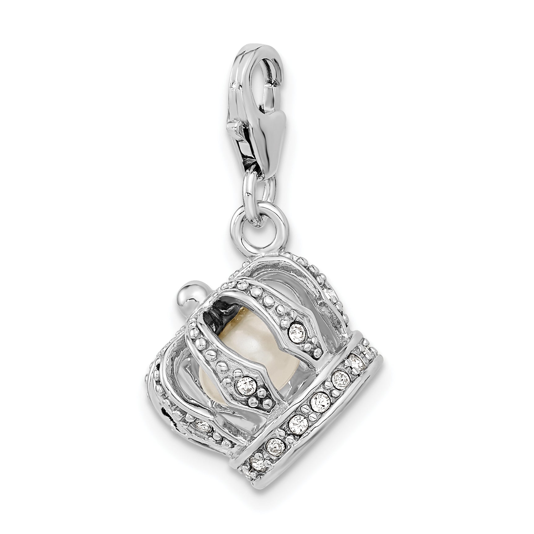 Sterling Silver Amore La Vita Rhodium-Plated Polished 3-D Crystal From Swarovski And Freshwater Cultured Pearl Crown Charm With Fancy Lobster Clasp