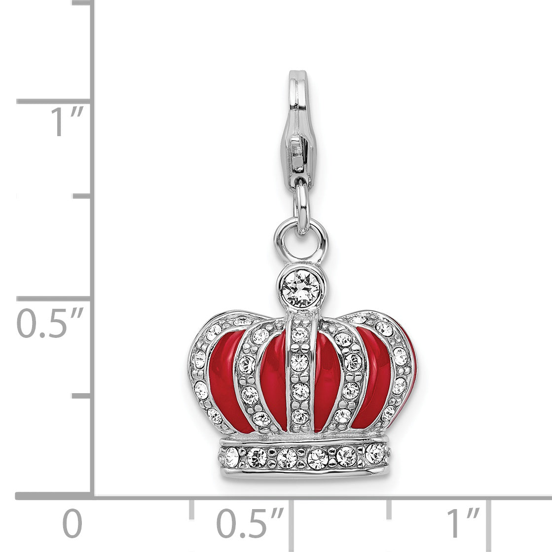 Sterling Silver Amore La Vita Rhodium-Plated Polished 3-D Crystal From Swarovski And Red Enameled Crown Charm With Fancy Lobster Clasp
