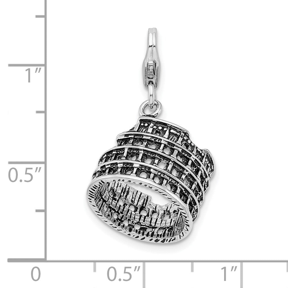 Sterling Silver Amore La Vita Rhodium-Plated Polished 3-D Antiqued Coliseum Charm With Fancy Lobster Clasp