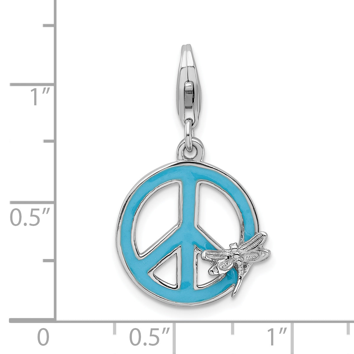 Sterling Silver Amore La Vita Rhodium-Plated Polished Enameled Peace Sign With Dragonfly Charm Fancy Lobster Clasp