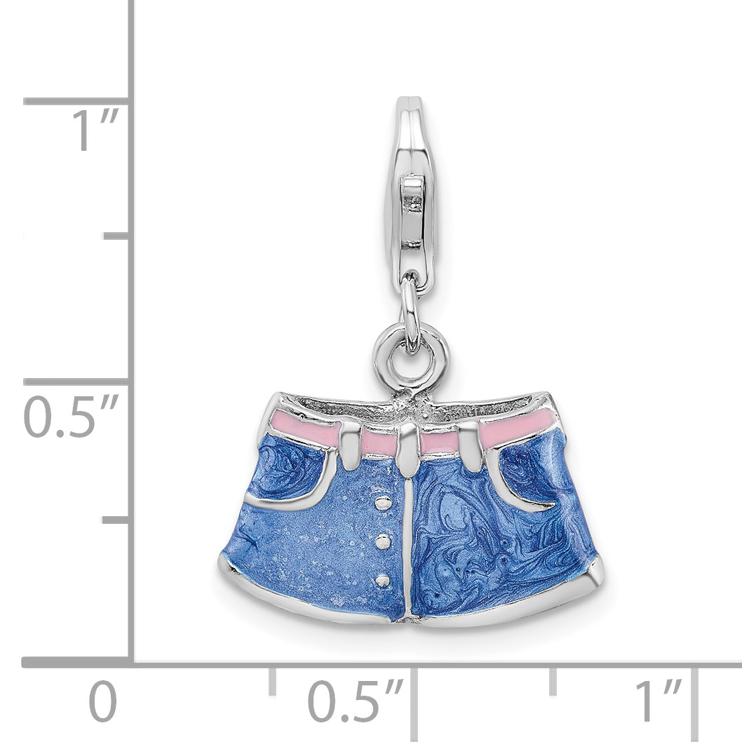 Sterling Silver Amore La Vita Rhodium-Plated Polished 3-D Enameled Blue Jean Shorts Charm With Fancy Lobster Clasp