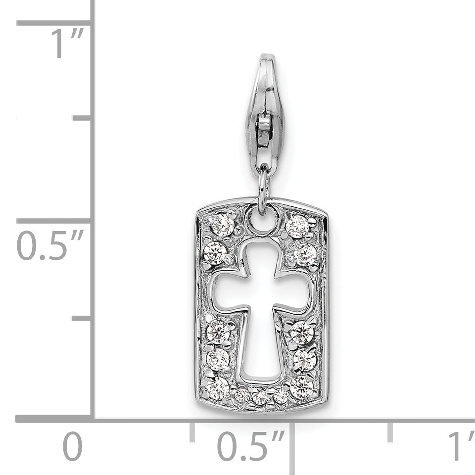 Sterling Silver Amore La Vita Rhodium-Plated Polished Reversible Cz Cut-Out Cross Faith Clip-On Charm With Fancy Lobster Clasp