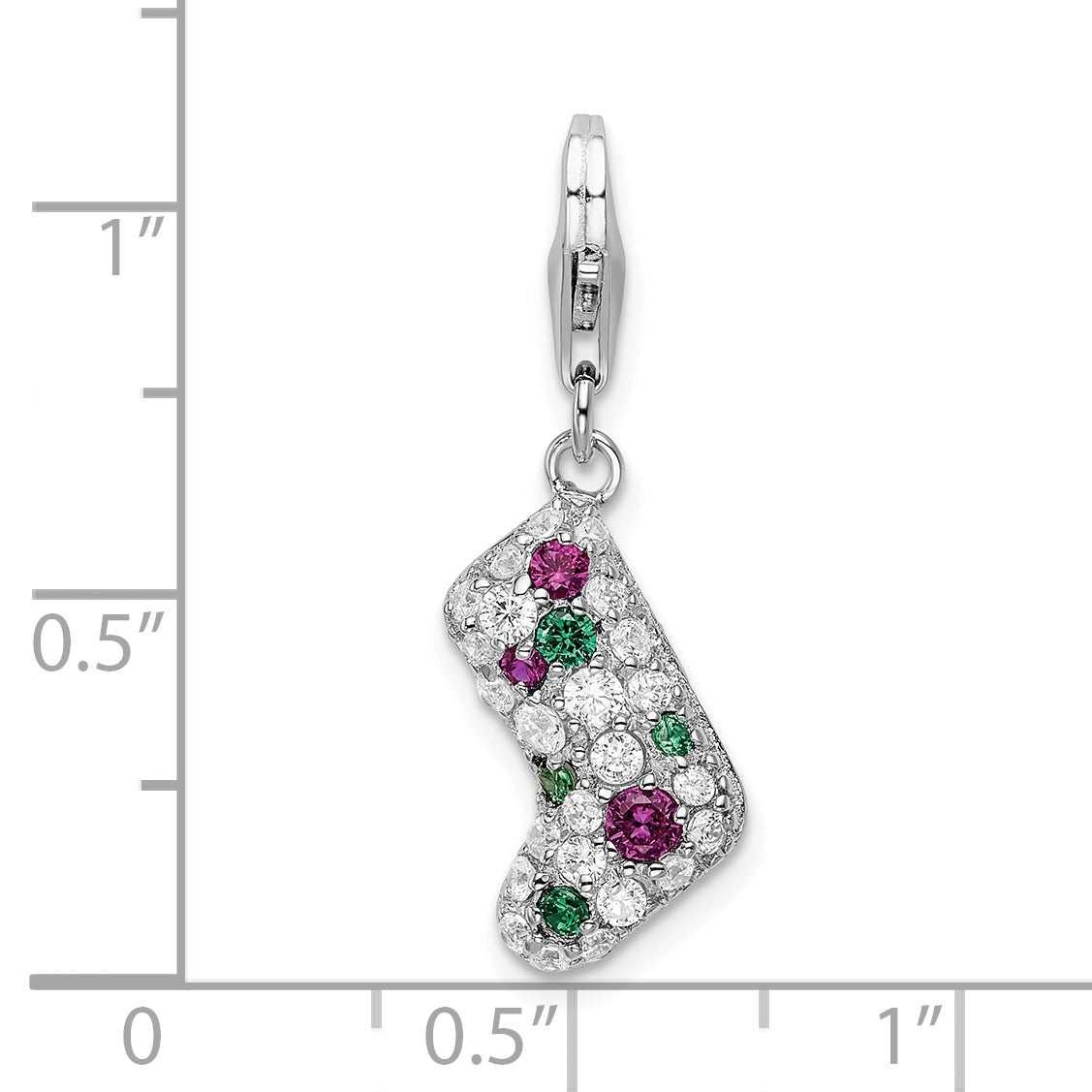 Sterling Silver Amore La Vita Rhodium-Plated Polished Green Red And White Cz Stocking Charm With Fancy Lobster Clasp