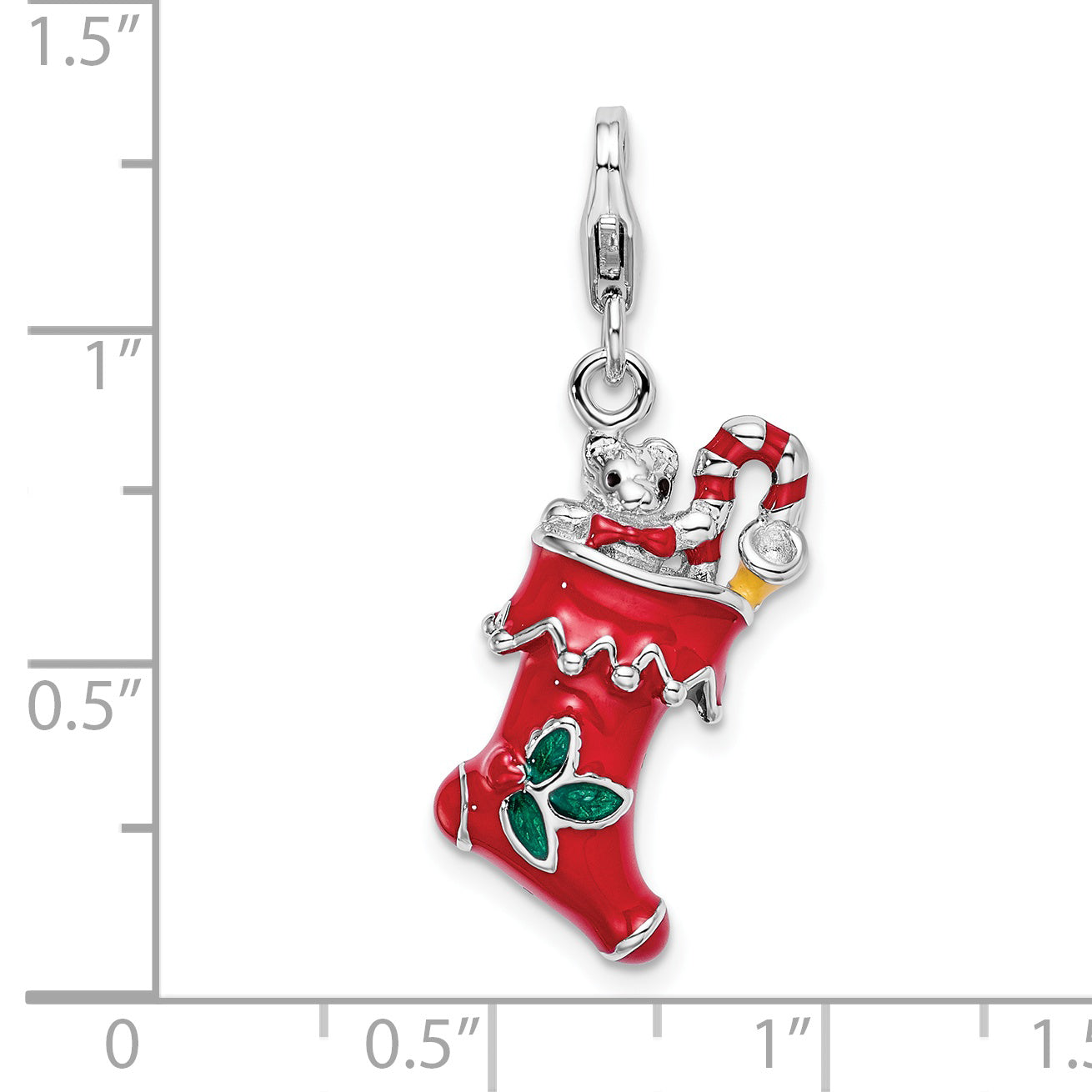 Sterling Silver Amore La Vita Rhodium-Plated Polished 3-D Red Enameled Holiday Stocking Charm With Fancy Lobster Clasp
