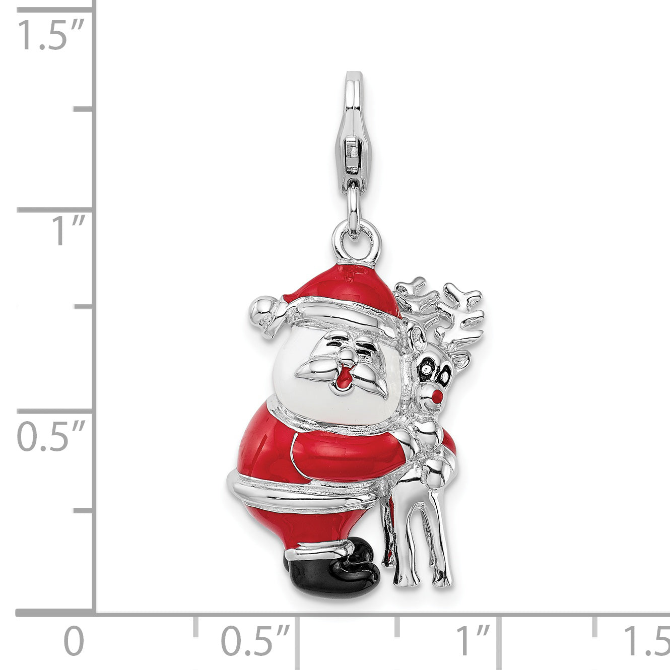 Sterling Silver Amore La Vita Rhodium-Plated Polished 3-D Enameled Santa And Reindeer Charm With Fancy Lobster Clasp