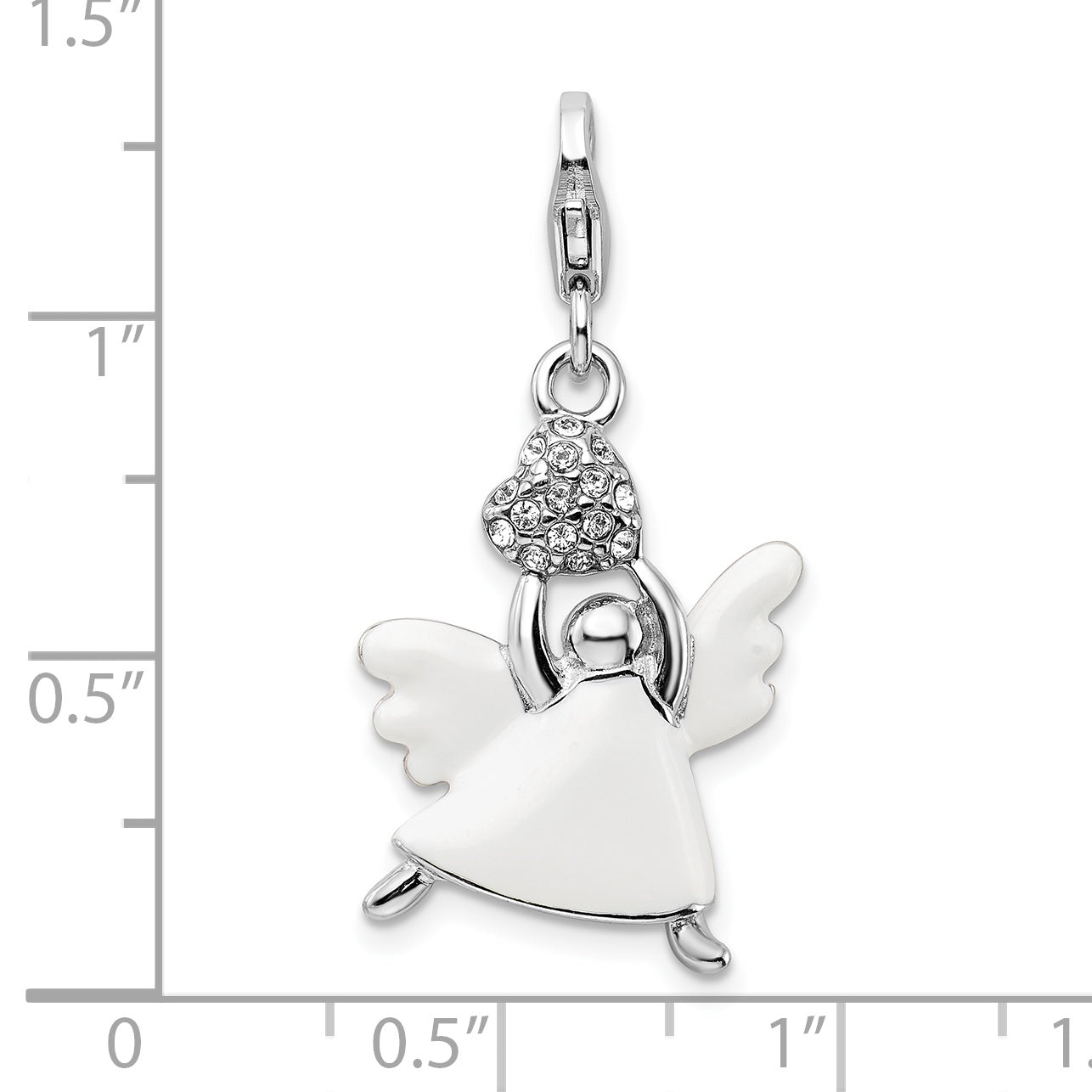 Sterling Silver Amore La Vita Rhodium-Plated Polished 3-D White Enameled Crystal From Swarovski Angel Charm With Fancy Lobster Clasp