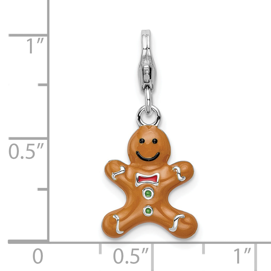 Sterling Silver Amore La Vita Rhodium-Plated Polished 3-D Enameled Gingerbread Cookie Charm With Fancy Lobster Clasp
