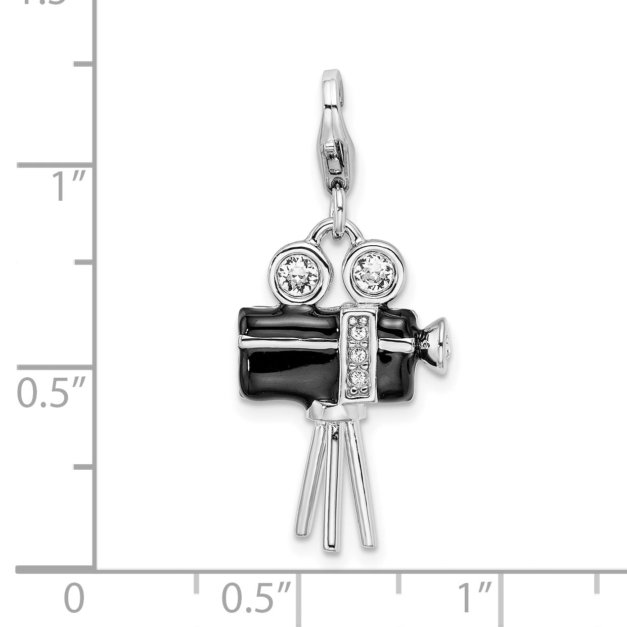 Sterling Silver Amore La Vita Rhodium-Plated Polished 3-D Enameled Swarovski Crystal Movie Camera Charm With Fancy Lobster Clasp