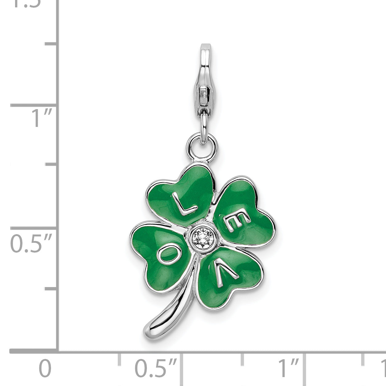 Sterling Silver Amore La Vita Rhodium-Plated Polished 3-D Green Enameled 4 Leaf Clover And Clear Crystal From Swarovski Love Charm With Fancy Lobster Clasp