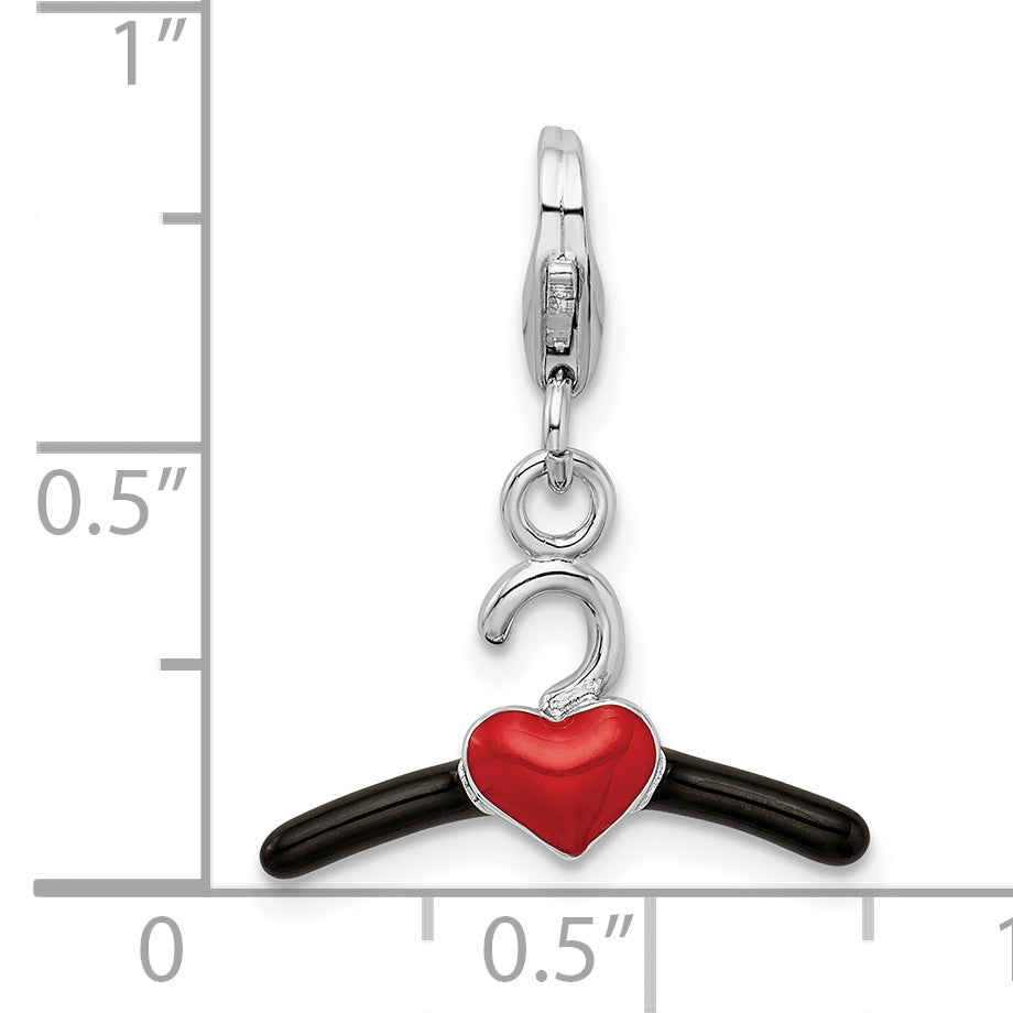 Sterling Silver Amore La Vita Rhodium-Plated Polished 3-D Black And Red Enameled Heart Hanger Charm With Fancy Lobster Clasp