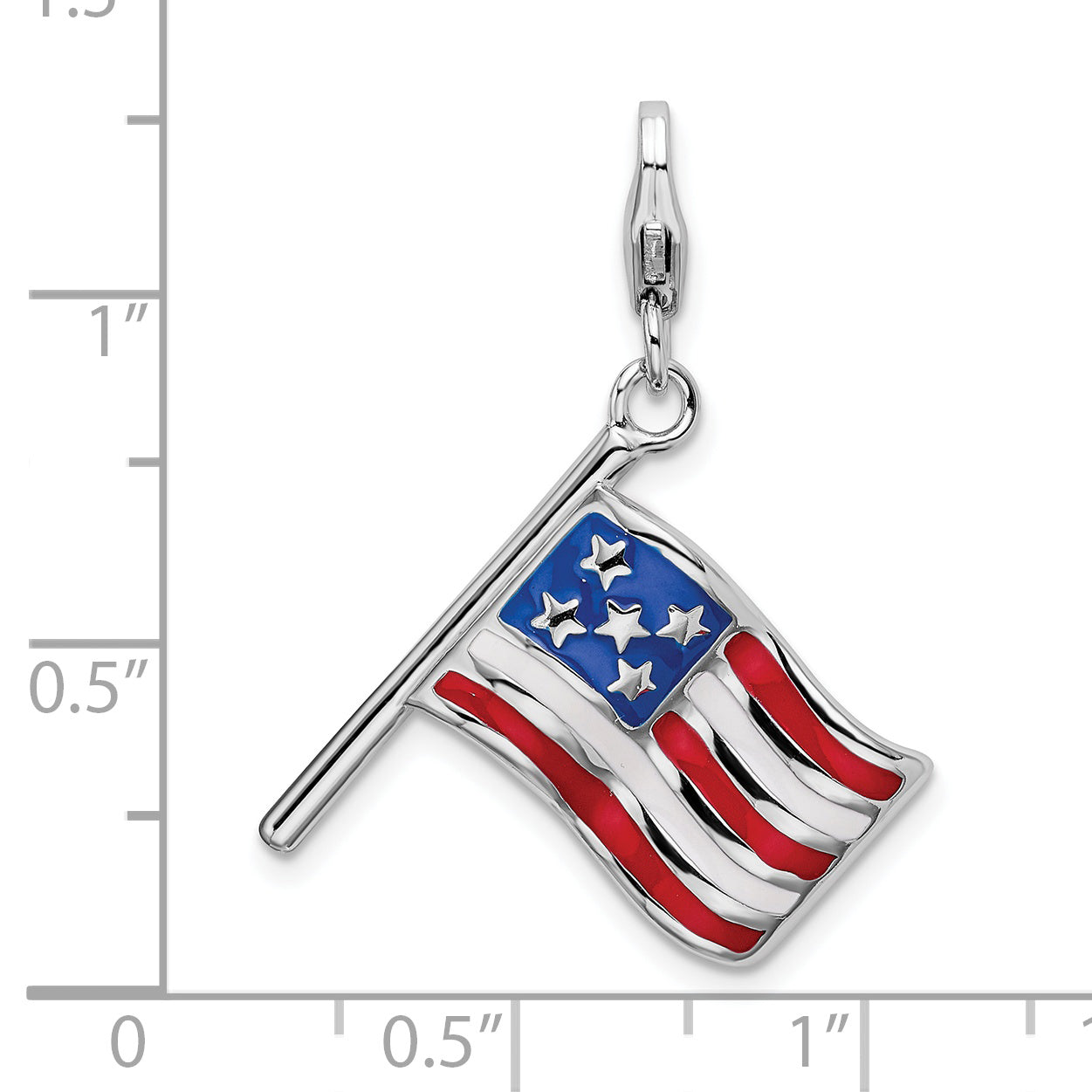 Sterling Silver Amore La Vita Rhodium-Plated Polished Reversible Enameled American Flag Charm With Fancy Lobster Clasp