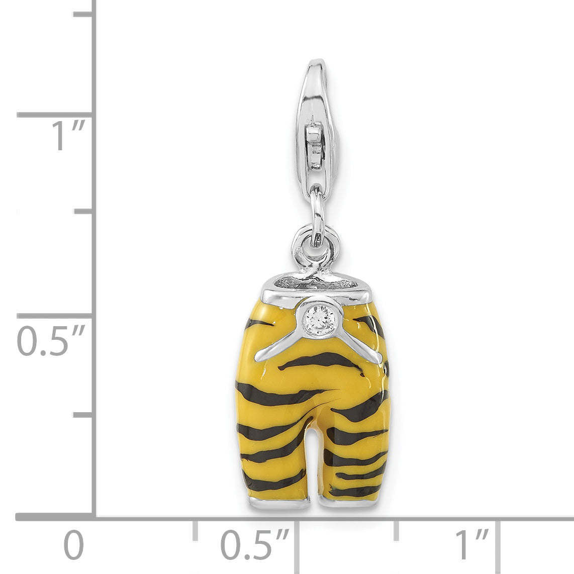 Sterling Silver 3-D Polished Cz Yellow/Black Enamel Tiger Pants Charm W/ Lobster Clasp