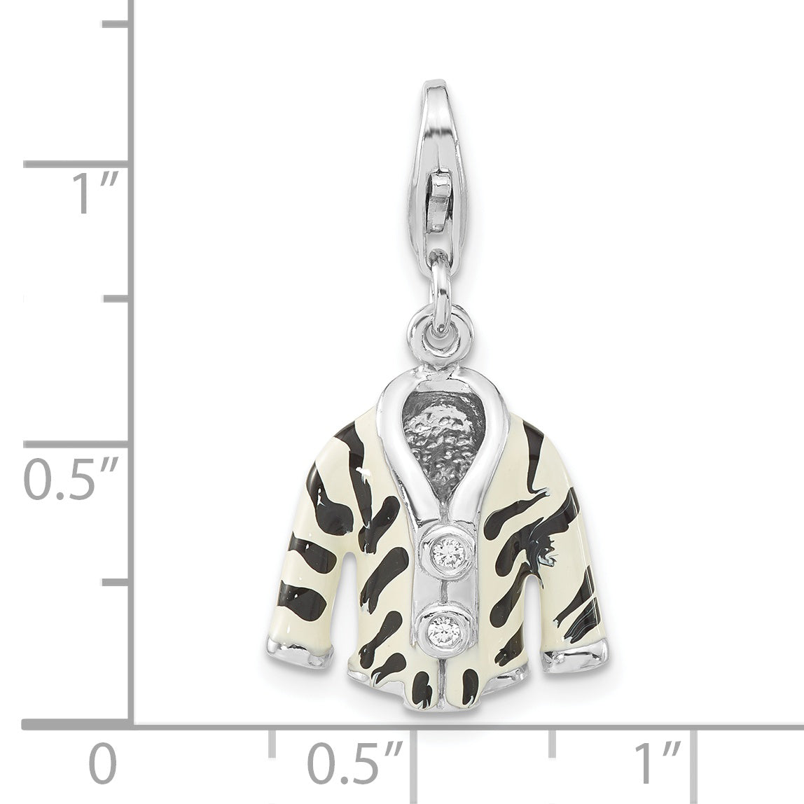 Sterling Silver Polished 3-D Cz & Black/White Enamel Zebra Jacket W/ Lobster Clasp Charm