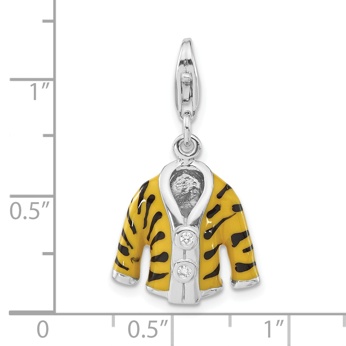 Sterling Silver Polished 3-D Cz & Black/Yellow Enamel Tiger Jacket W/ Lobster Clasp Charm