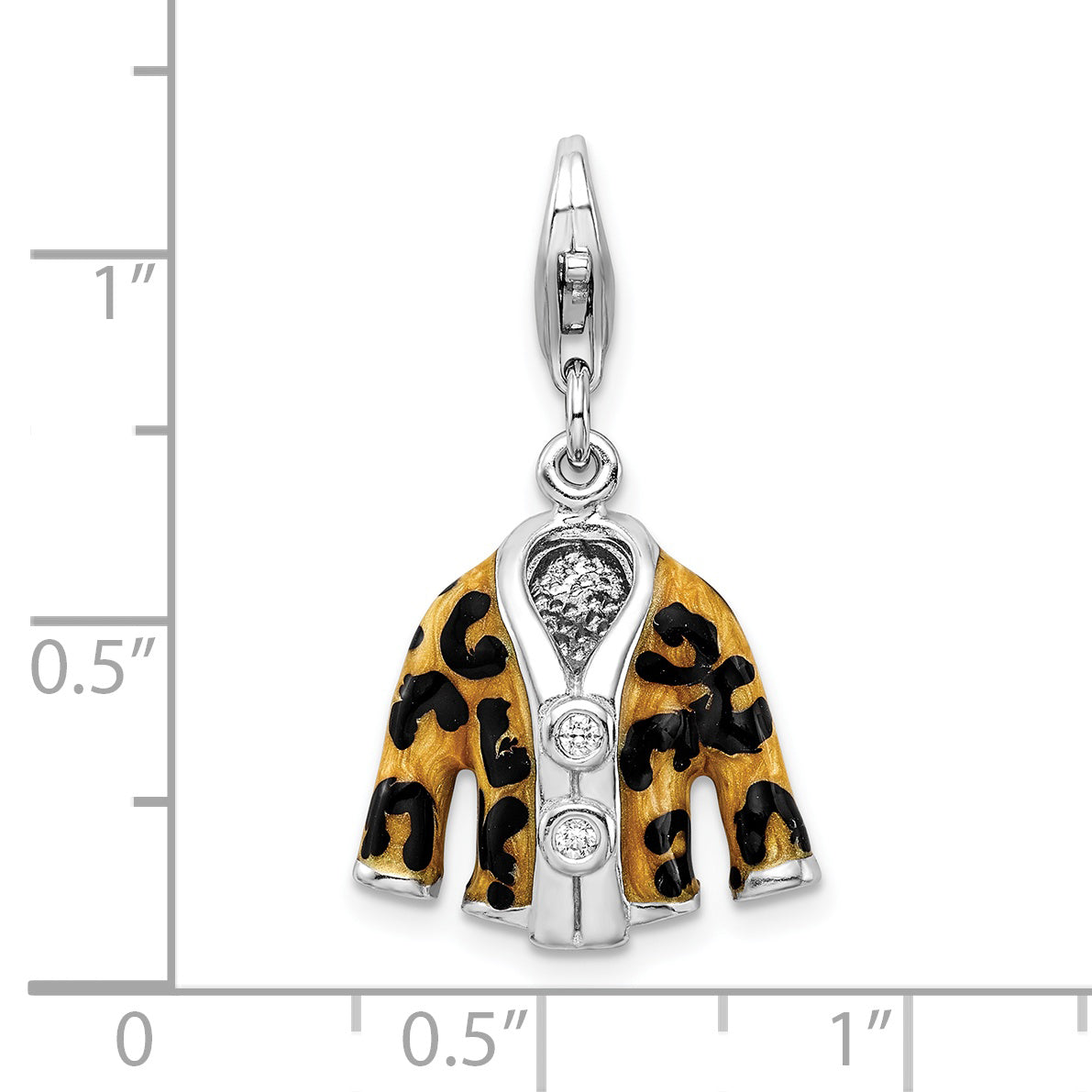 Sterling Silver Amore La Vita Rhodium-Plated Polished 3-D Cz Enameled Leopard Jacket Charm With Fancy Lobster Clasp