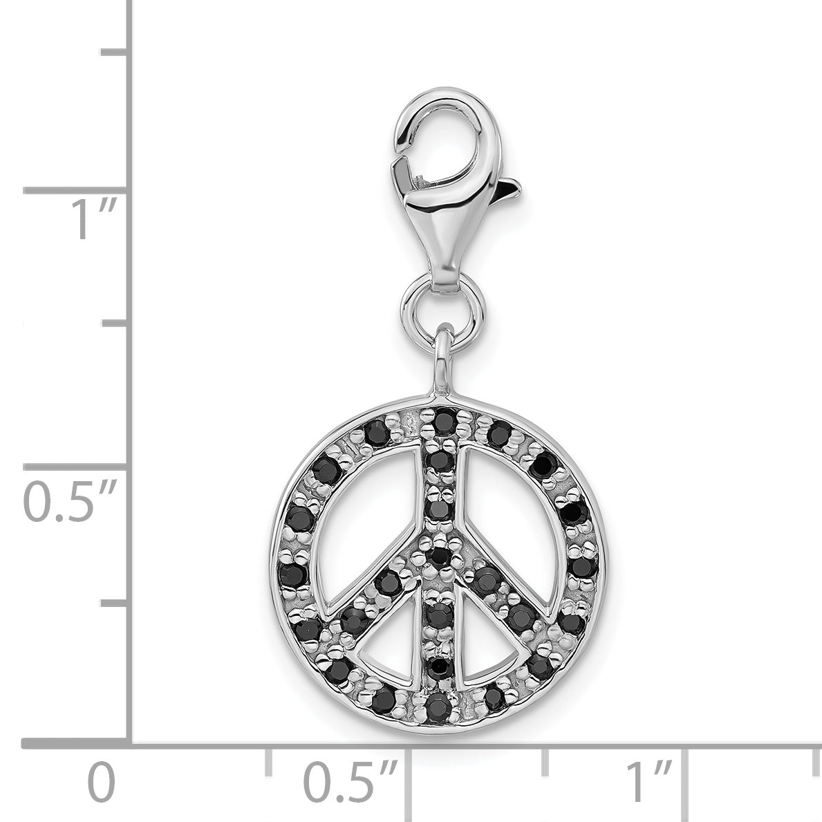 Sterling Silver Polished Black Cz Peace Sign W/ Lobster Clasp Charm