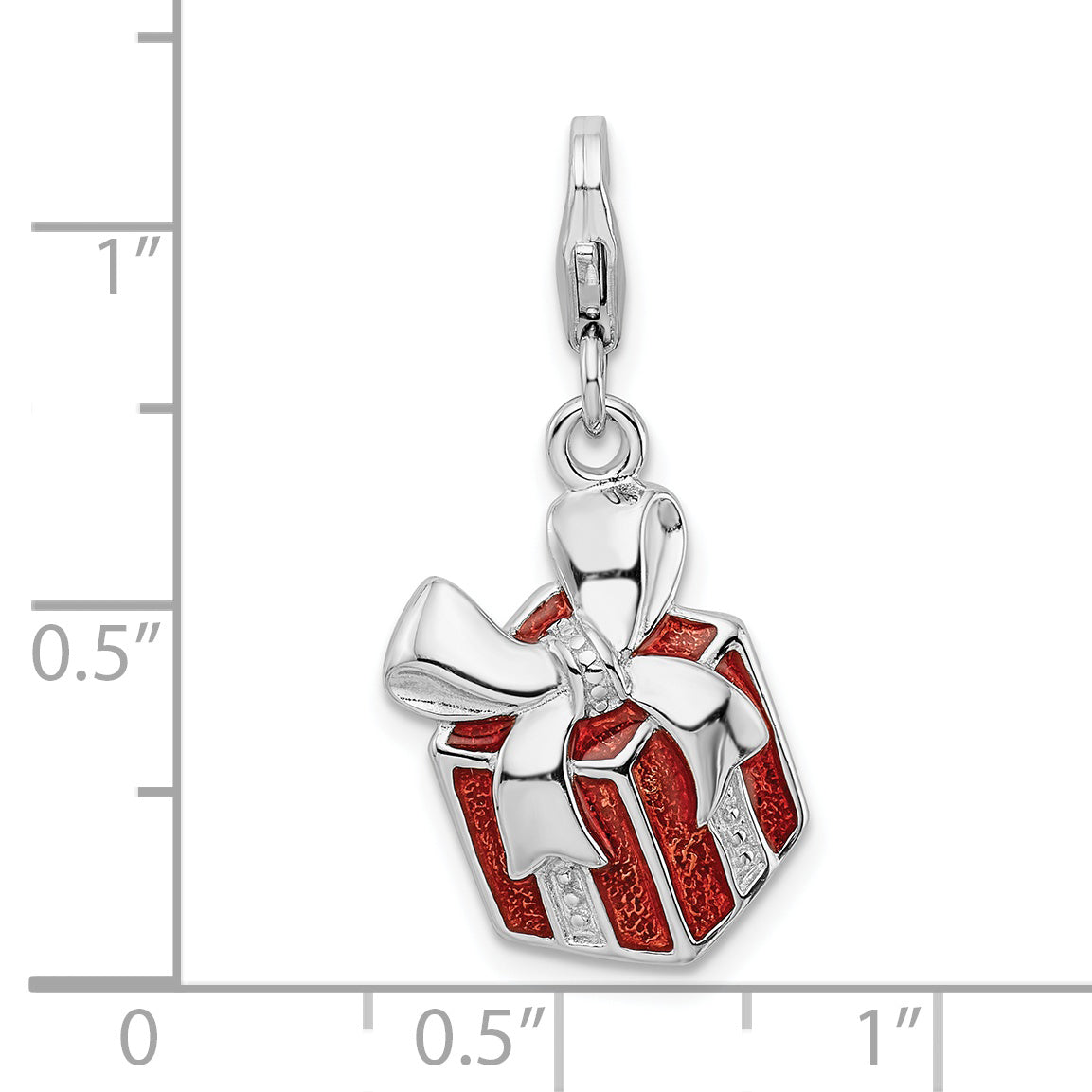 Sterling Silver Amore La Vita Rhodium-Plated Polished Red Enameled Present Charm With Fancy Lobster Clasp