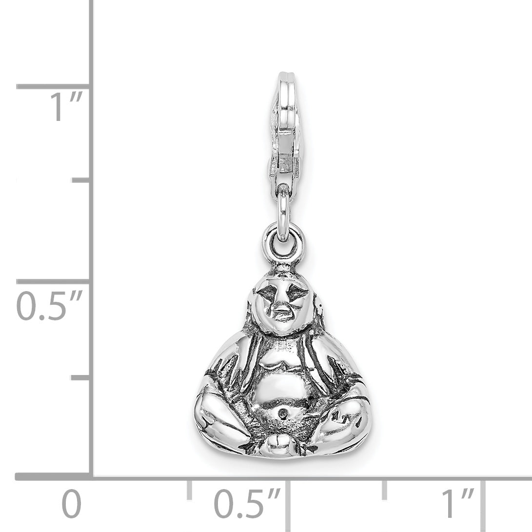 Sterling Silver Amore La Vita Rhodium-Plated Polished 3-D Antiqued Buddha Charm With Fancy Lobster Clasp