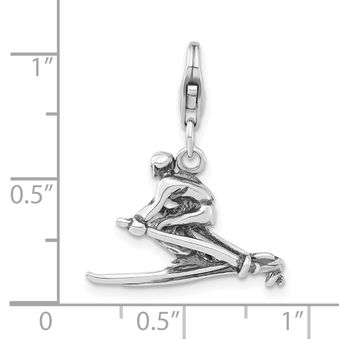 Sterling Silver 3-D Polished & Antiqued Skier W/ Lobster Clasp Charm