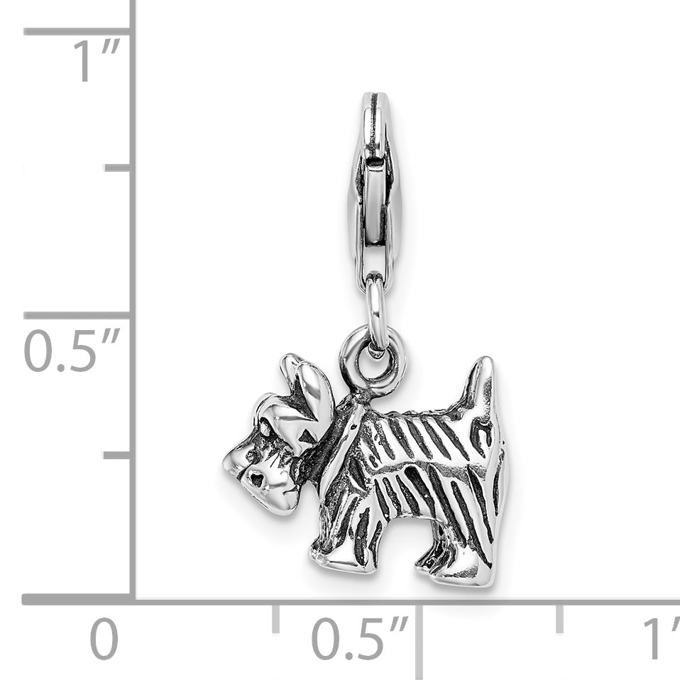 Sterling Silver Amore La Vita Rhodium-Plated Polished 3-D Antiqued Scottie Dog Charm With Fancy Lobster Clasp