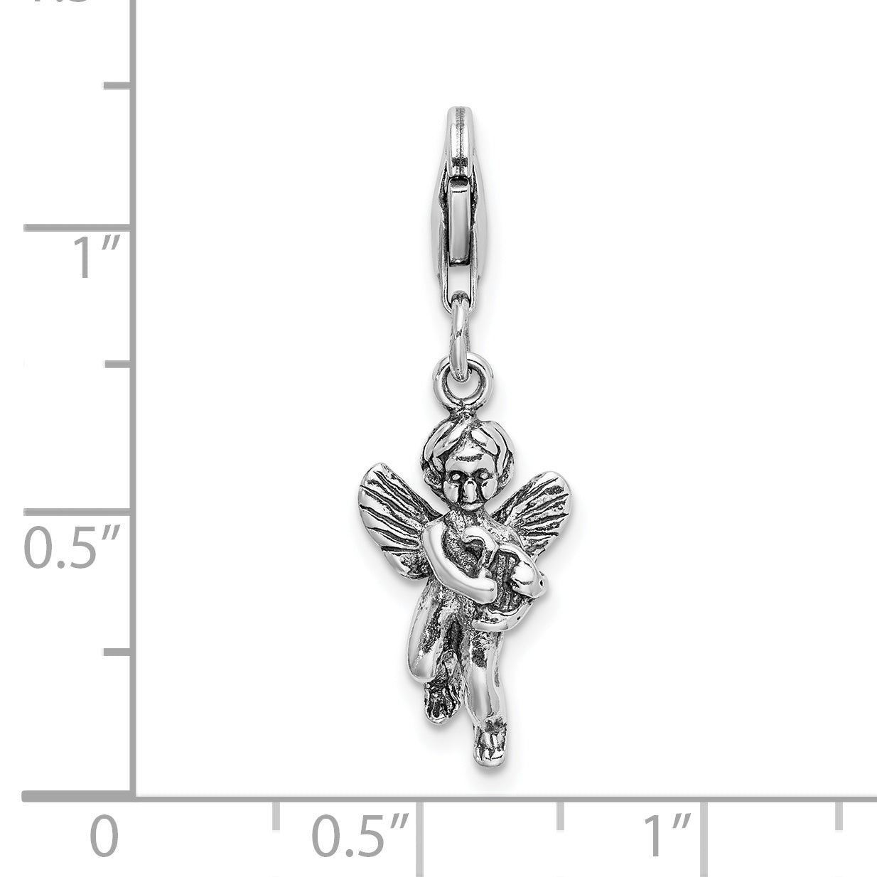 Sterling Silver Amore La Vita Rhodium-Plated Polished 3-D Antiqued Angel With Harp Charm Fancy Lobster Clasp