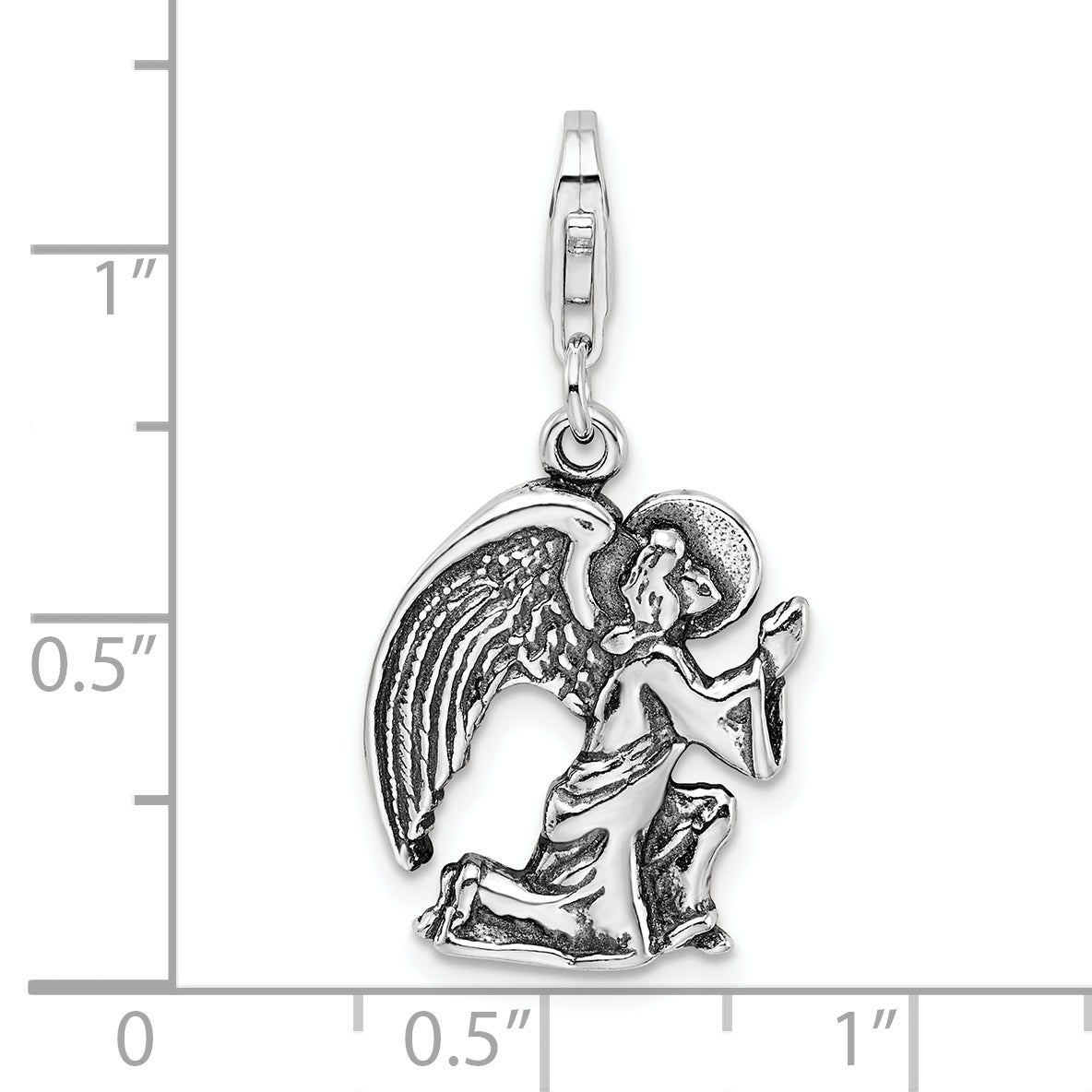 Sterling Silver Amore La Vita Rhodium-Plated Polished 3-D Antique Kneeling Angel Charm With Fancy Lobster Clasp