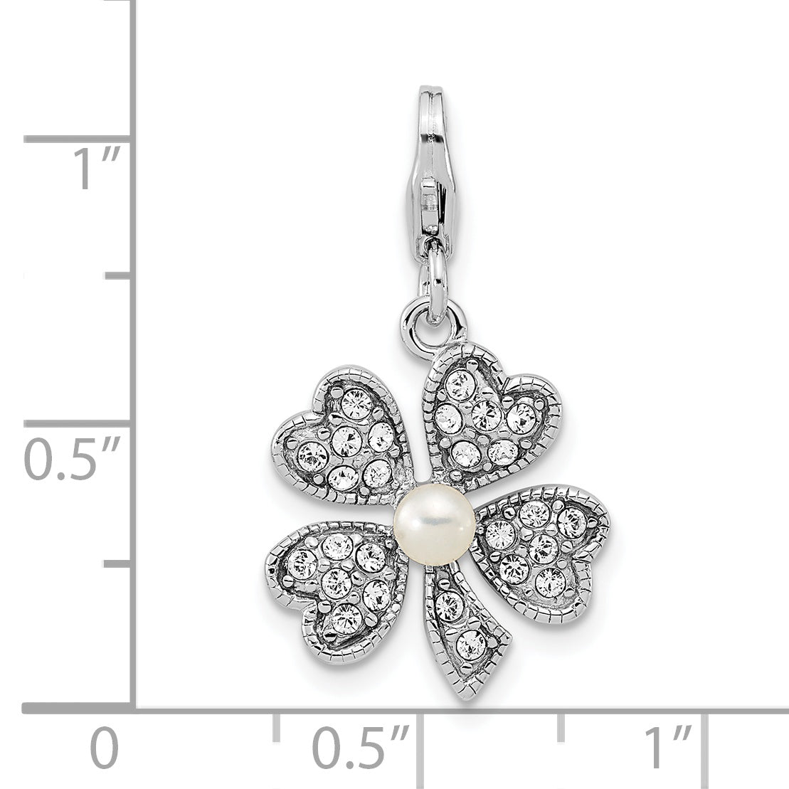Sterling Silver Amore La Vita Rhodium-Plated Polished Freshwater Cultured Pearl Crystal From Swarovski Clover Charm With Fancy Lobster Clasp