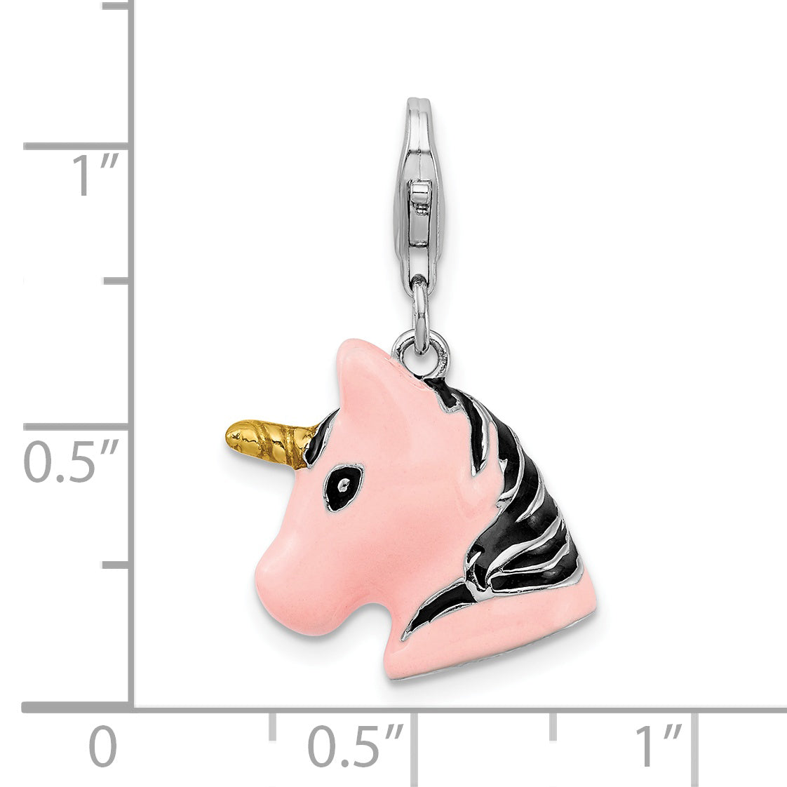 Sterling Silver Amore La Vita Rhodium-Plated Polished 3-D Pink Enameled Unicorn Head Charm With Fancy Lobster Clasp
