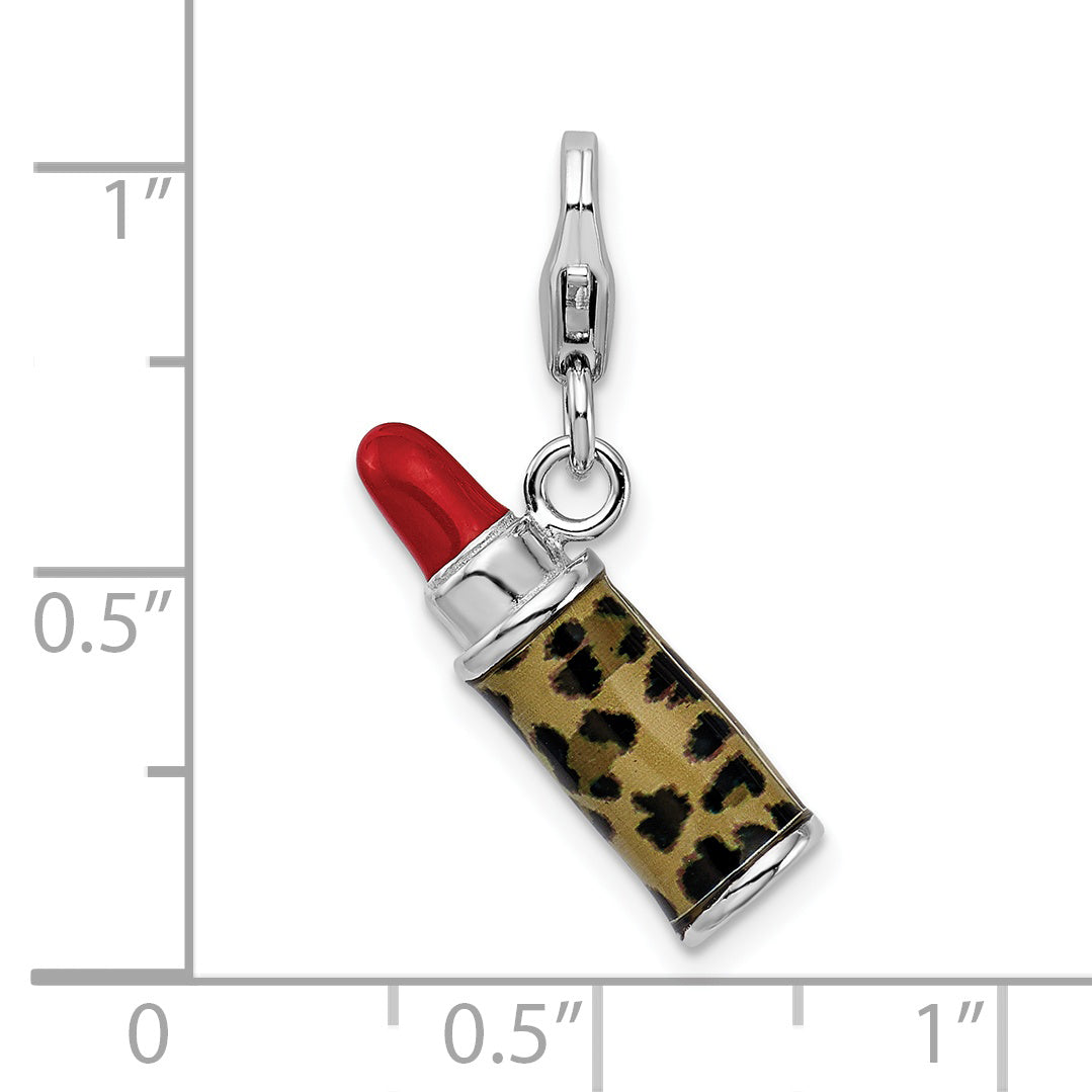 Sterling Silver Amore La Vita Rhodium-Plated Polished 3-D Enameled Leopard Lipstick Charm With Fancy Lobster Clasp