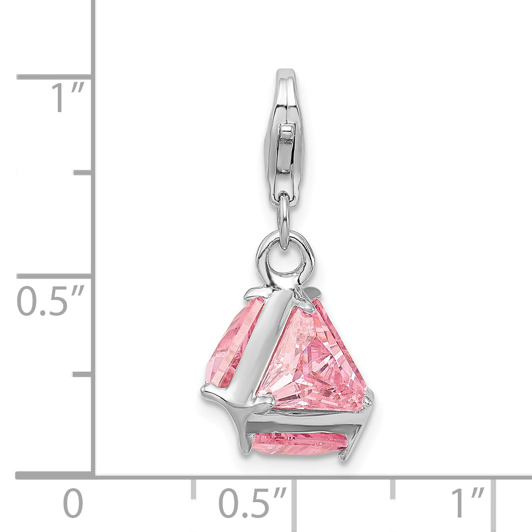 Sterling Silver Amore La Vita Rhodium-Plated Polished 3-D Pink Cz Charm With Fancy Lobster Clasp