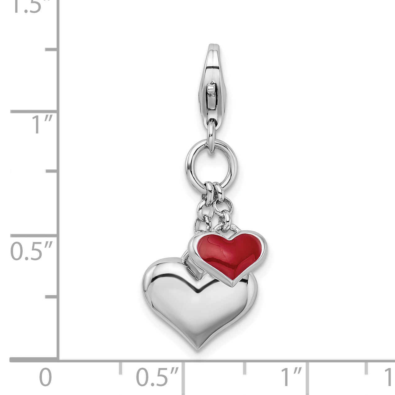 Sterling Silver Amore La Vita Rhodium-Plated Polished 3-D Red Enameled Double Heart Charm With Fancy Lobster Clasp
